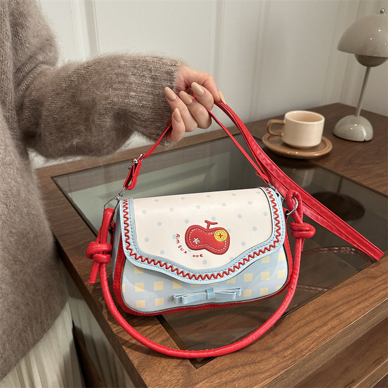 Cute Apple Design Patchwork Shoulder Bag with Ruffle Trim for Women, Fashionable Crossbody Bag with Bow Detail and Soft PU Material