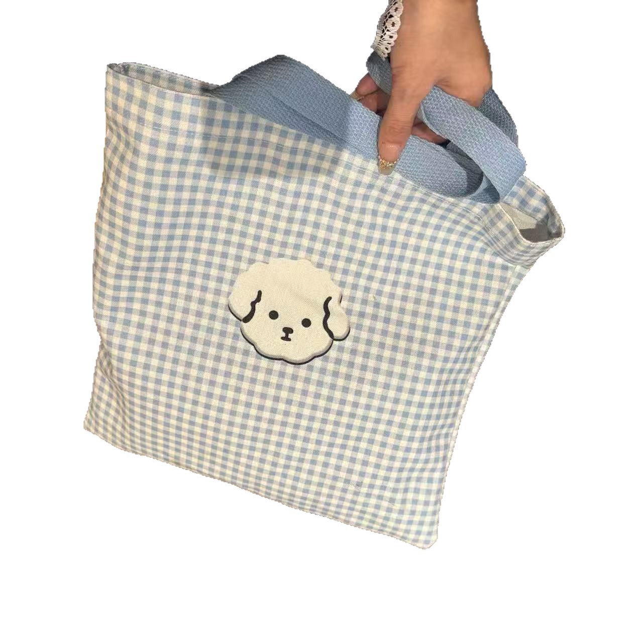 Cute Dog Face Checkered Canvas Tote Bag for Students and Daily Use