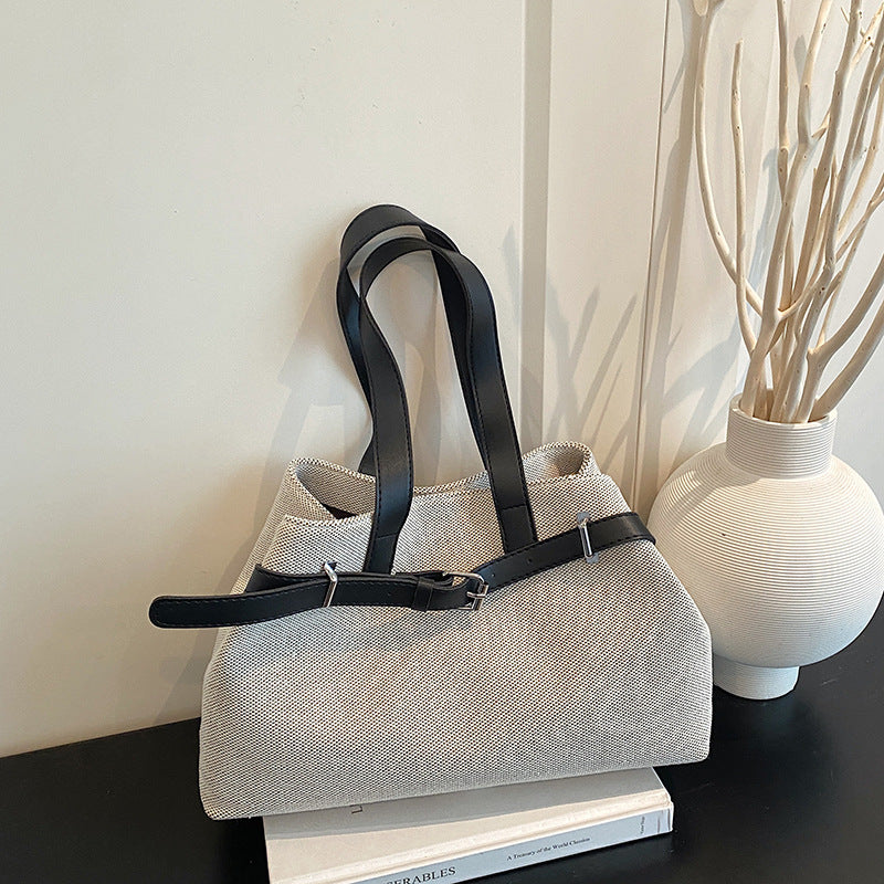 High-Grade Simple Commute Tote Bag Women's New Large Capacity Magnetic Snap Shoulder Handbag Knitted Fabric Design