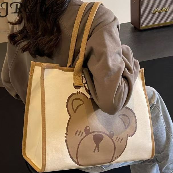 Cartoon Bear Canvas Bag for Women New Fashion Commuter Bag Large Capacity Student Shoulder Tote Bag