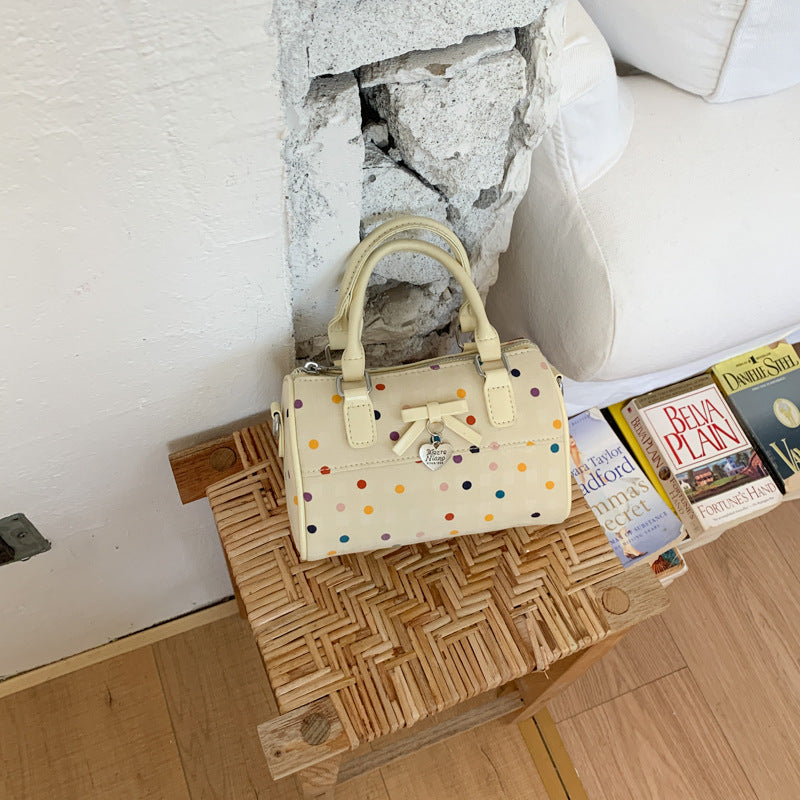 Cute Korean Summer Handbag with Polka Dot Bowknot Design, Soft Cylinder Shape Tote for Daily Use