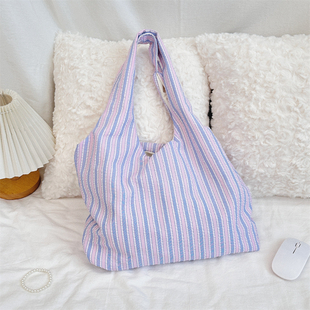 Cute Striped Canvas Tote Bag with Soft Pastel Colors and Spacious Design for Daily Use