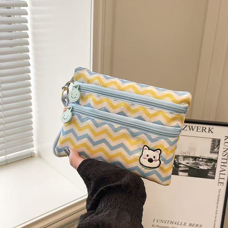 Cute Travel Wallet with Three Zipper Compartments for Passport and Cards, Embroidered Design, Portable Coin Purse