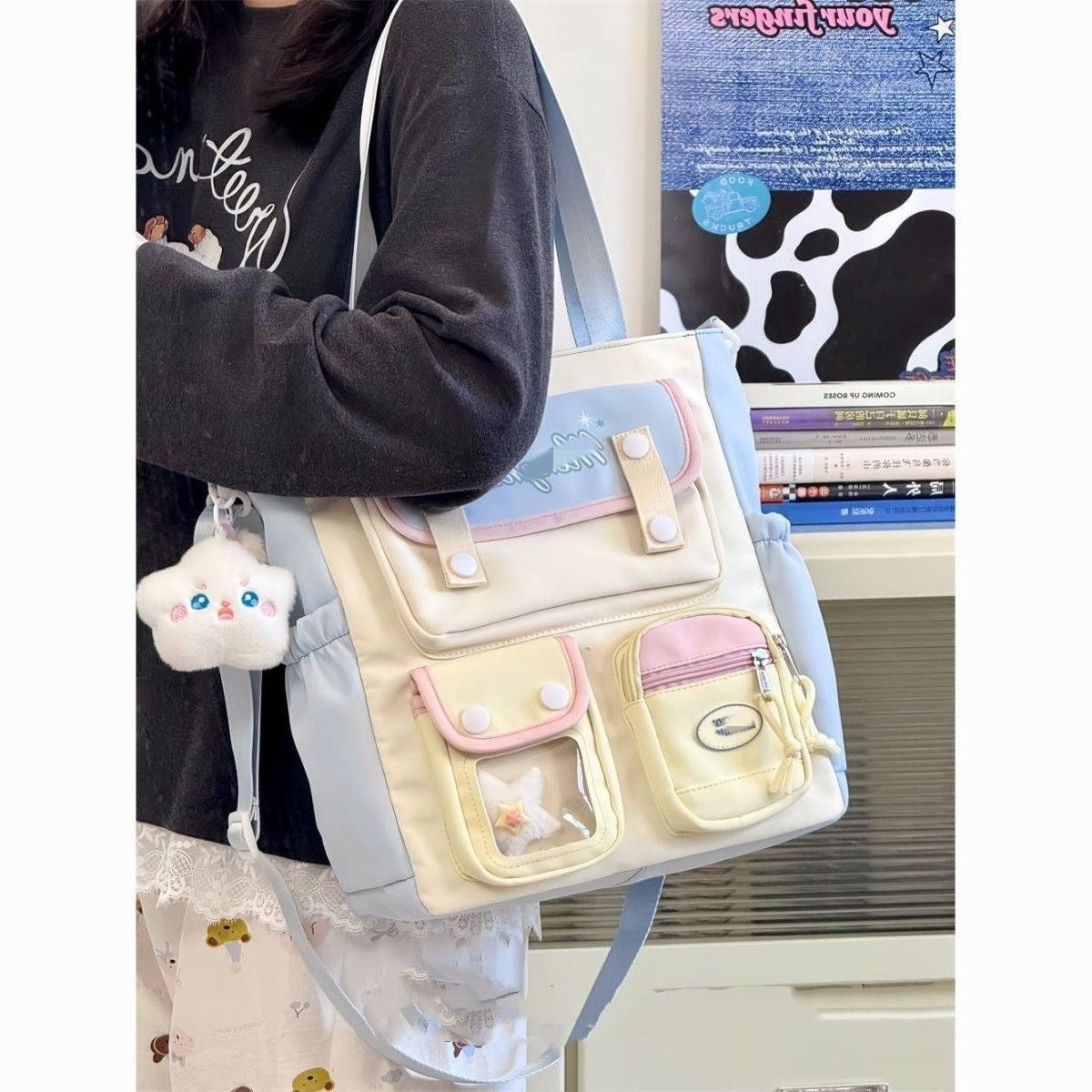 Cute Color-Blocking Student Tote Bag with Plush Keychain and Multiple Pockets for Daily Use