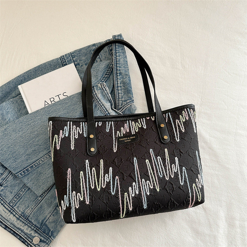 Leisure Commute Large Capacity Bag Women's New Fashion Shoulder Striped Embroidered Tote Bag