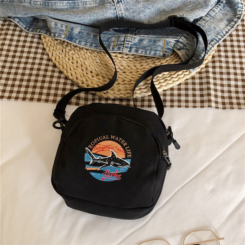 Korean Style Casual Crossbody Bag for Women with Shark Print, Soft Canvas Mini Square Bag with Zipper Closure, Perfect for Students and Daily Use