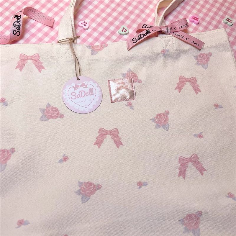 Cute Floral Tote Bag for Women 2024 Korean Style Bow Print Canvas Shoulder Bag for Daily Use and Commuting