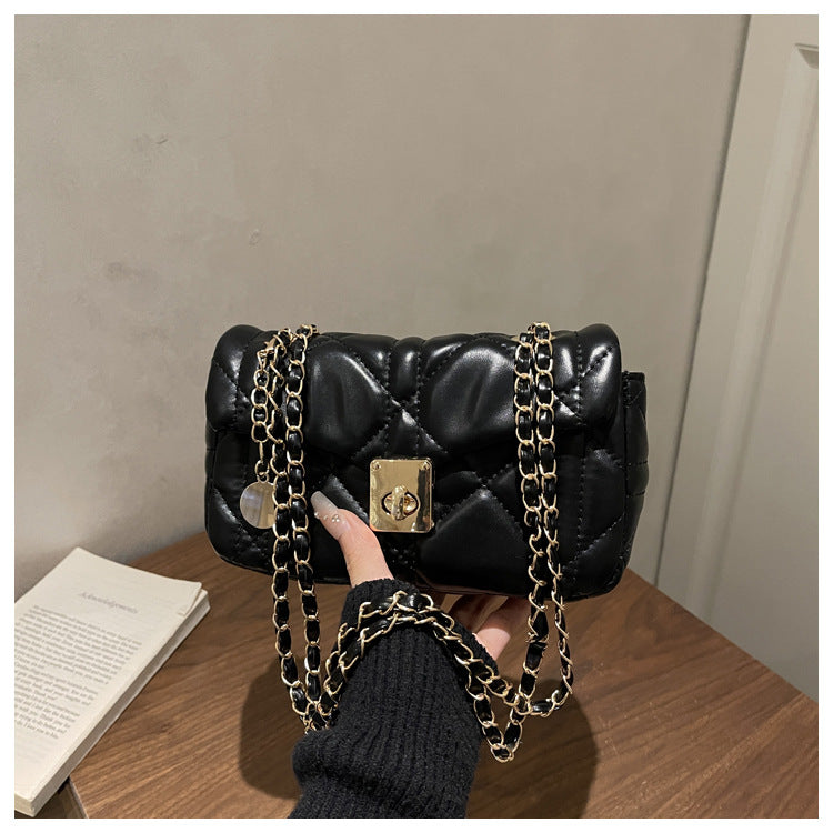 French Oil Wax Leather Women's Spring New Diamond Embroidery Thread Lock Commuter Chain Crossbody Shoulder Small Square Bag