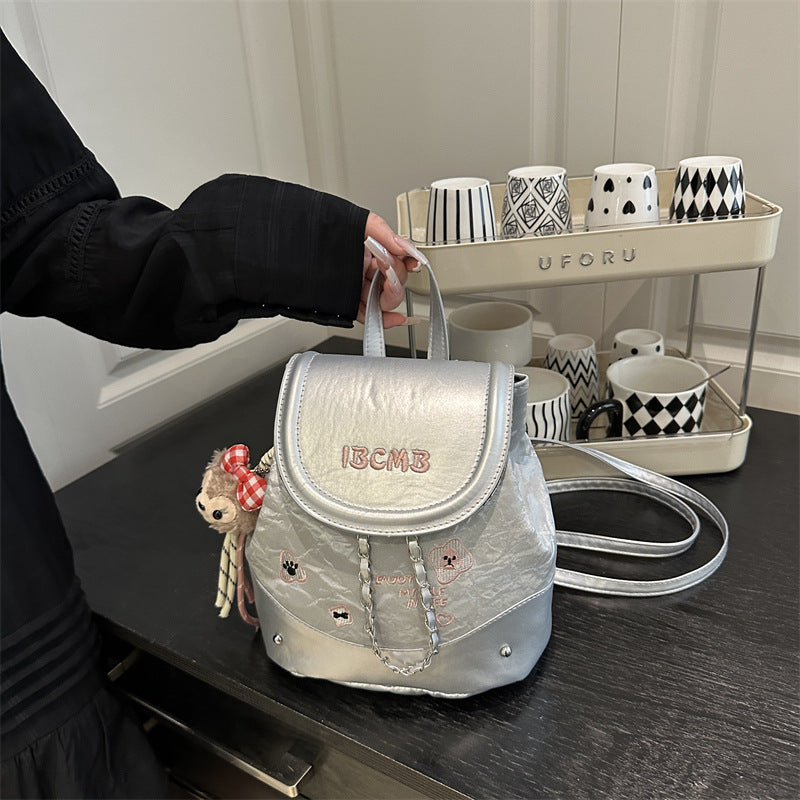 Cute Fashionable Backpack for Women with Chain Detail and Plush Charm, Perfect for Daily Use and School