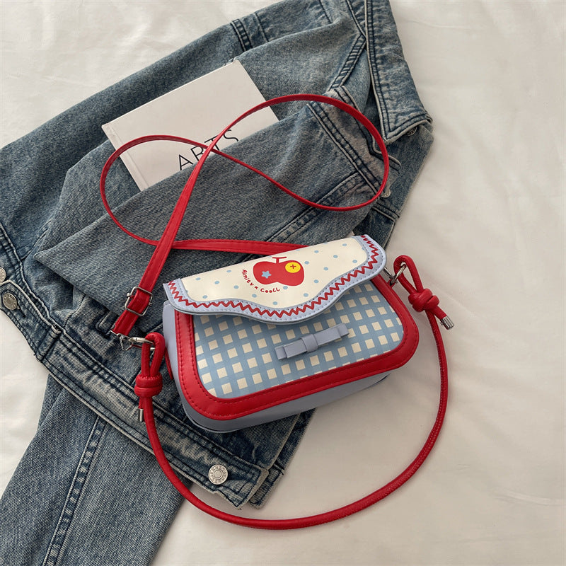 Cute Apple Small Square Bag Urban Simple Style Plaid Bow Design Fashionable All-Match Shoulder Messenger Bag