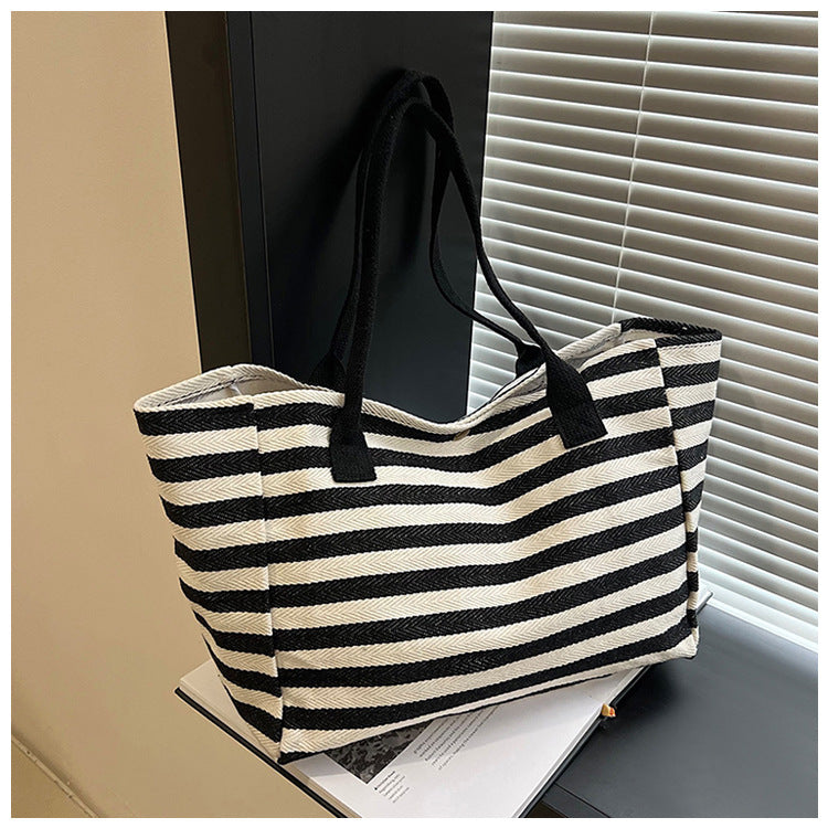 Commuter Canvas Bag Women's Large Capacity New Hand-Carrying Striped One-Shoulder Mummy Tote Bag