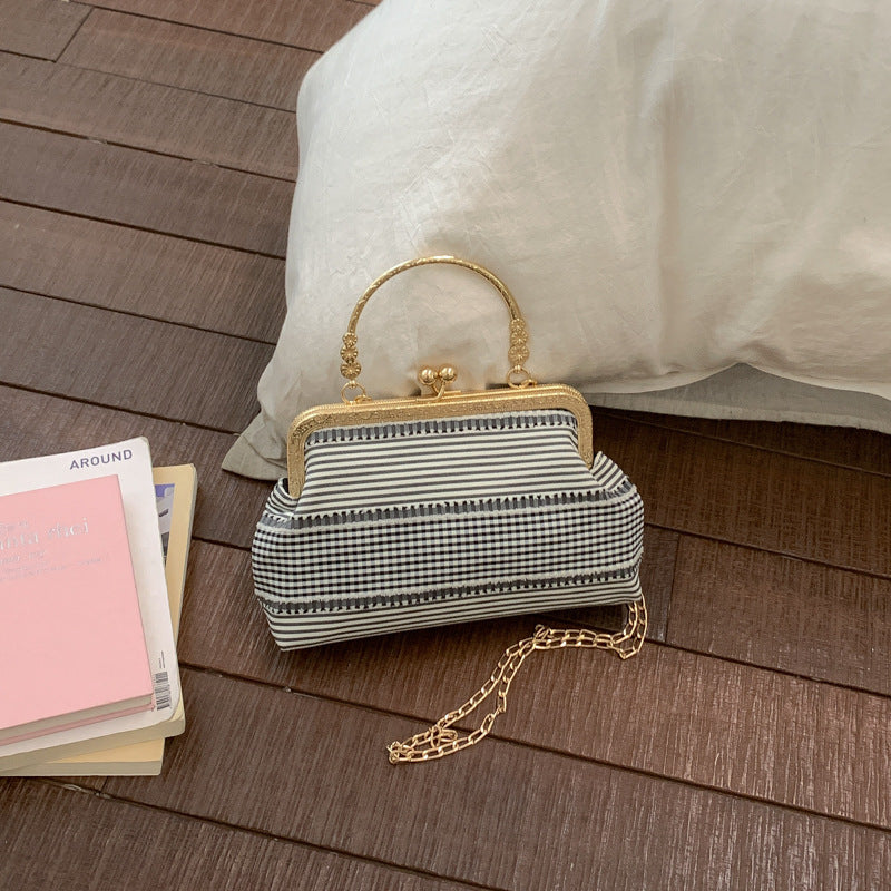 Fresh Crossbody Phone Bag for Women Retro Storage Cosmetic Bag Fabric Mouth Willow Leaf Plaid Gold Bag