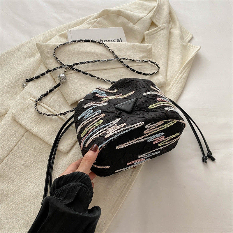 New Chinese Style Rainbow Striped Embroidered Bucket Bag New Summer Rhombus Chain Indentation Shoulder Crossbody Lucky Bag