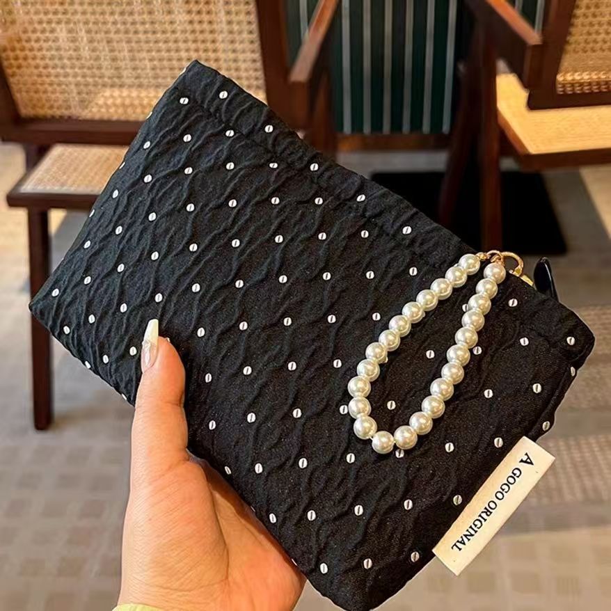 Elegant Polka Dot Clutch with Pearl Chain - Soft Cotton Makeup Bag for Travel and Daily Use