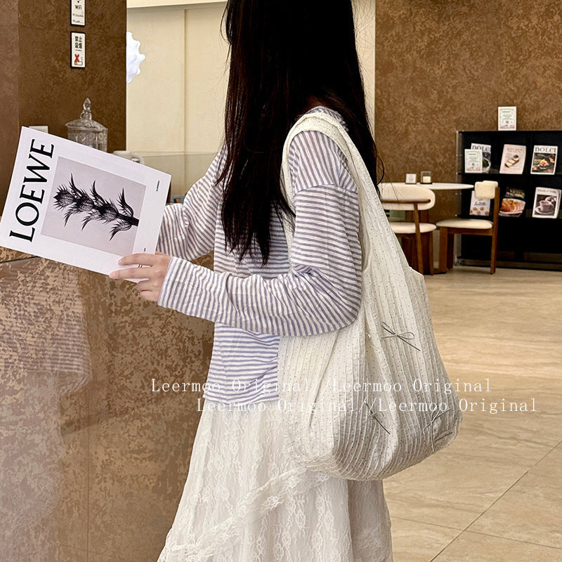 Chic Korean-Style Tote Bag with Bow Detail, Soft Cotton-Like Fabric, Perfect for Casual Travel and Everyday Use