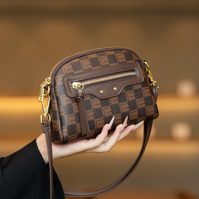 2025 New Fashion Checkerboard Shell Crossbody Bag for Women, Stylish Small Shoulder Bag with Zipper and Inner Compartment
