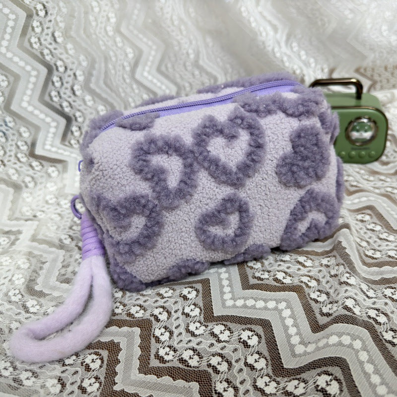 Cute Plush Heart Pattern Cosmetic Bag with Large Capacity and Soft Texture for Daily Use and Travel