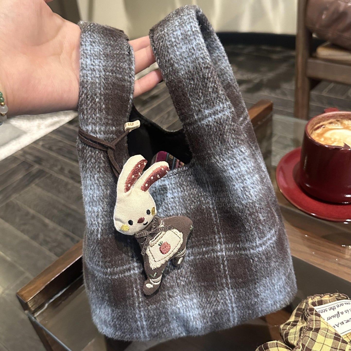 New Plaid Cute Woolen Bag Women's Fashion All-Match Handbag for Going out Bag Woolen Plaid Hand Bag