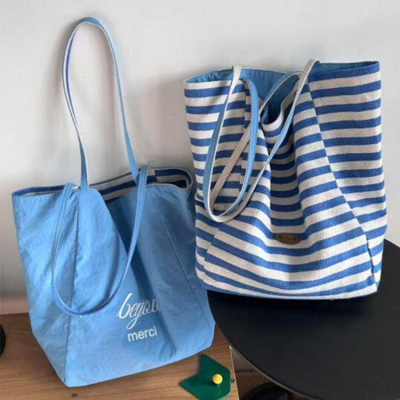 Summer Stripes Double-Sided Tote Bag Large Capacity Daily Commuting Travel Versatile Fashion