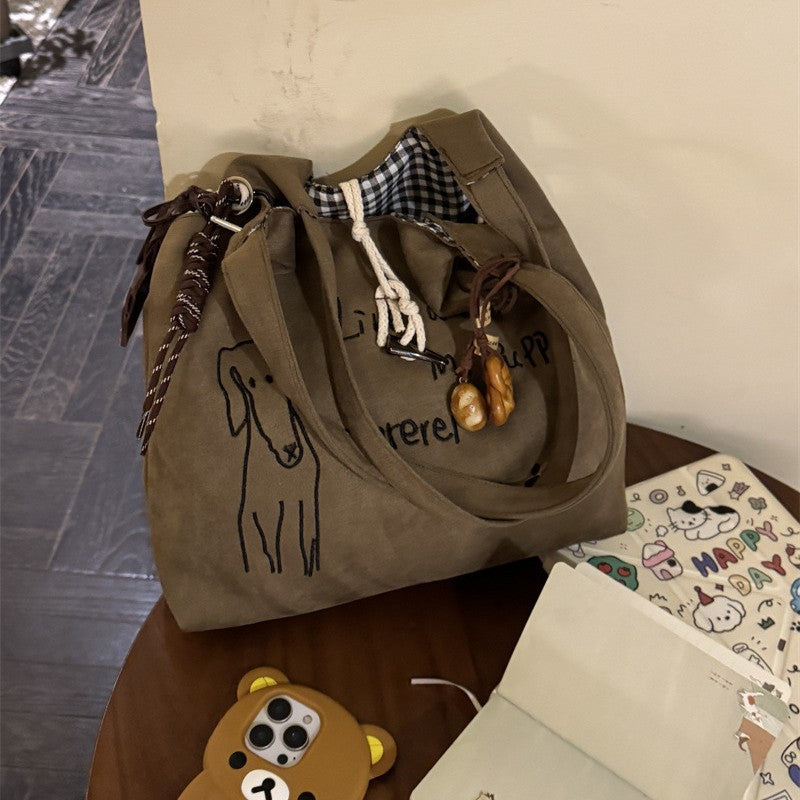 New Embroidered Puppy Deerskin Velvet Shoulder Bag Retro Large Capacity Student Commuter Tote Everyday Joker Fashion Design