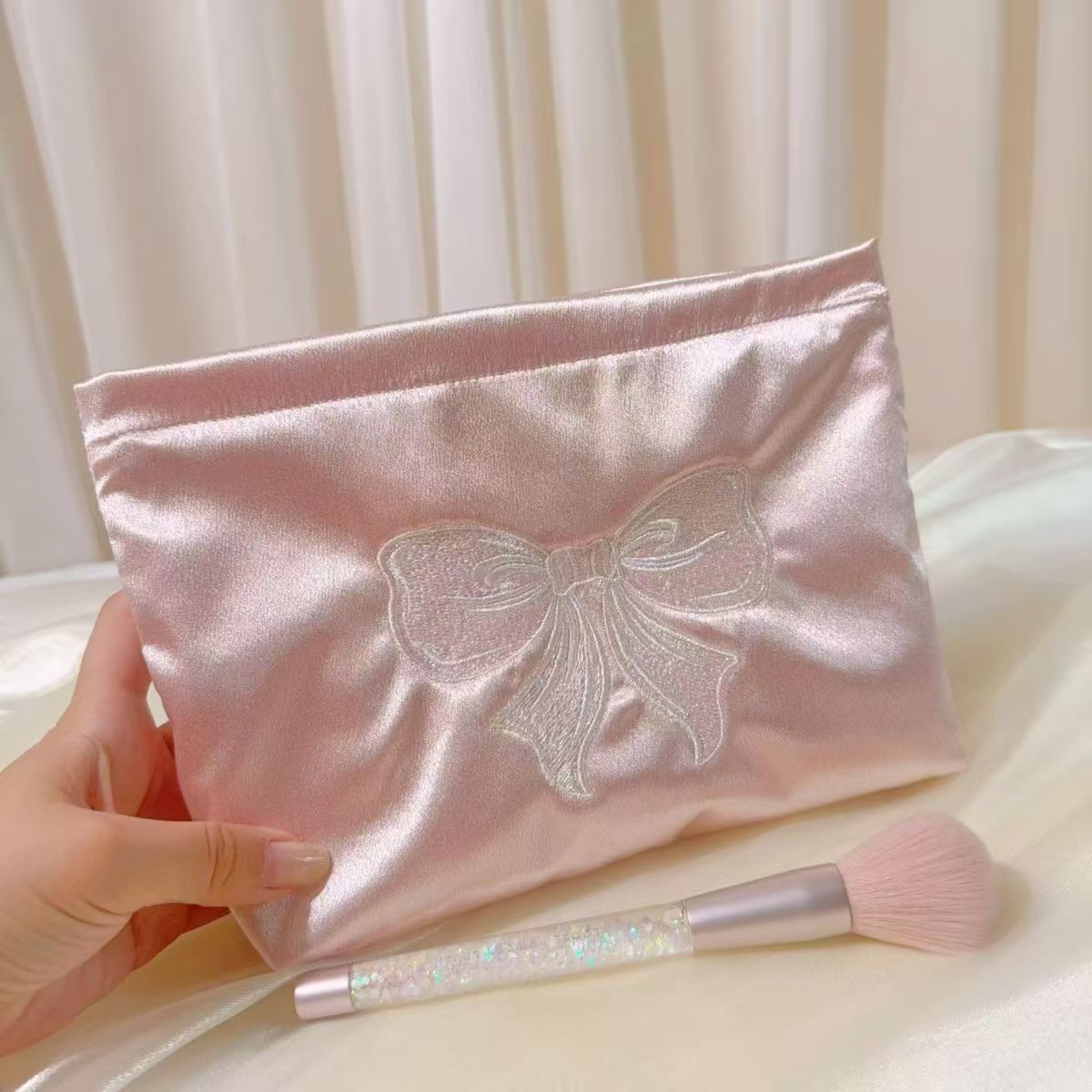 Women's Embroidered Bow Cosmetic Bag Smooth Satin Large Capacity Carrying Case Essential for Daily Travel