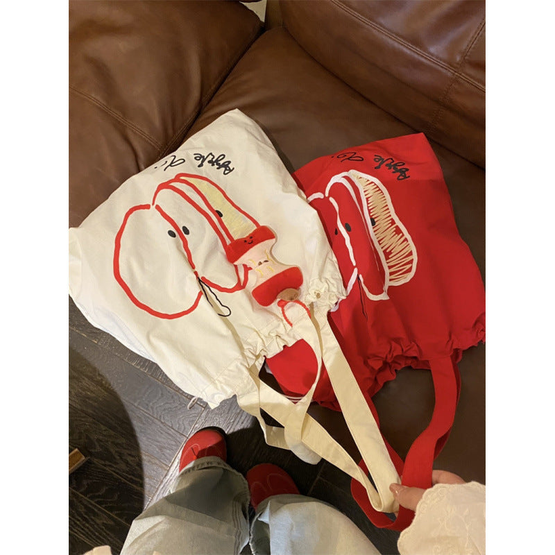 Cute Apple Print Women's Drawstring Tote Bag Lightweight and Large Capacity All-Match Cartoon Fashion Shoulder Bag