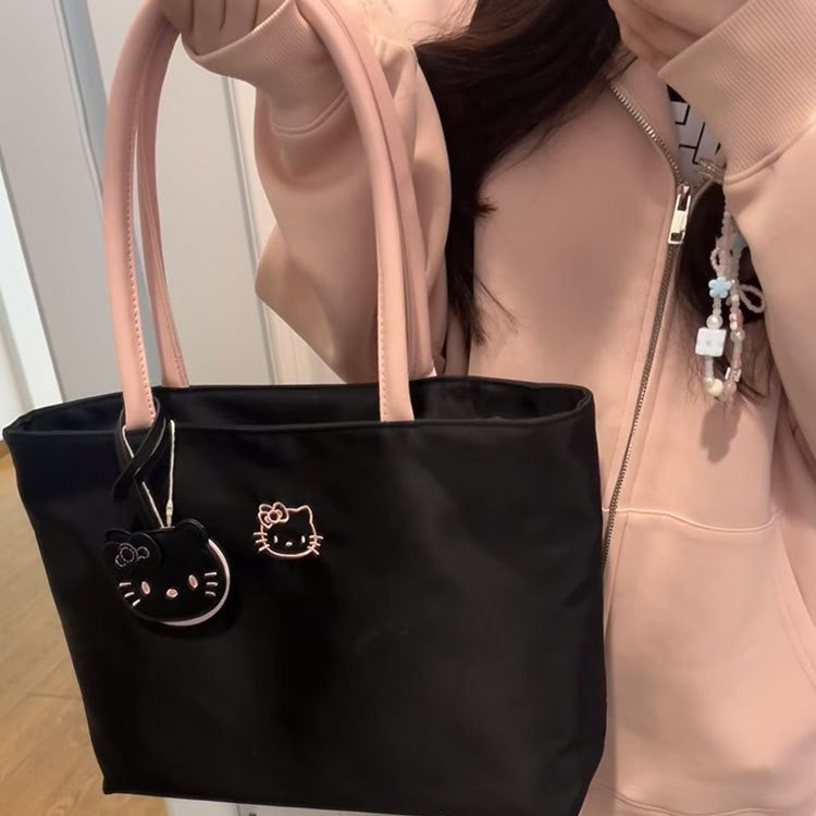 Cute Kitty Embroidered Tote Bag for Women, Large Capacity Soft Nylon Shoulder Handbag with Magnetic Closure and Inner Pockets