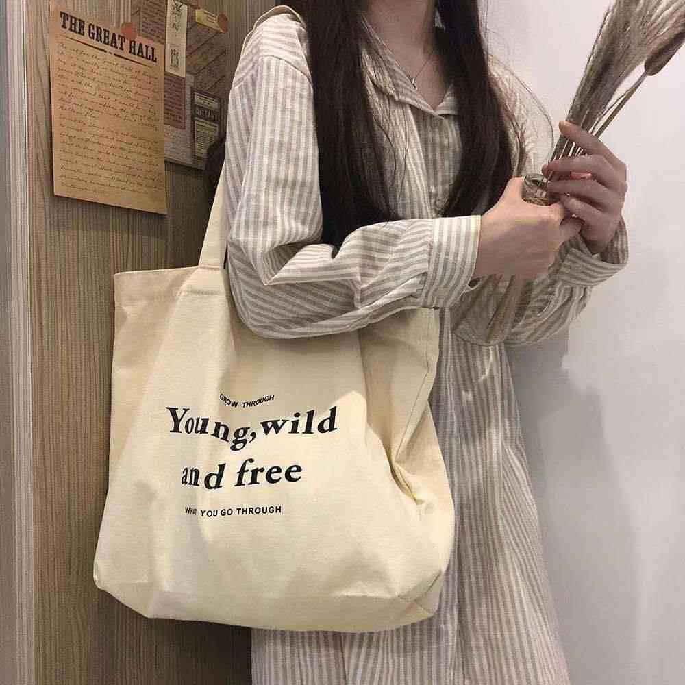 Young Wild and Free Canvas Tote Bag for Women - Stylish Everyday Shoulder Bag with Inspirational Print