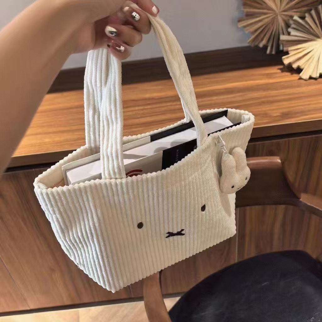 Cute Rabbit Embroidered Corduroy Tote Bag with Large Capacity and Soft Design for Daily Use