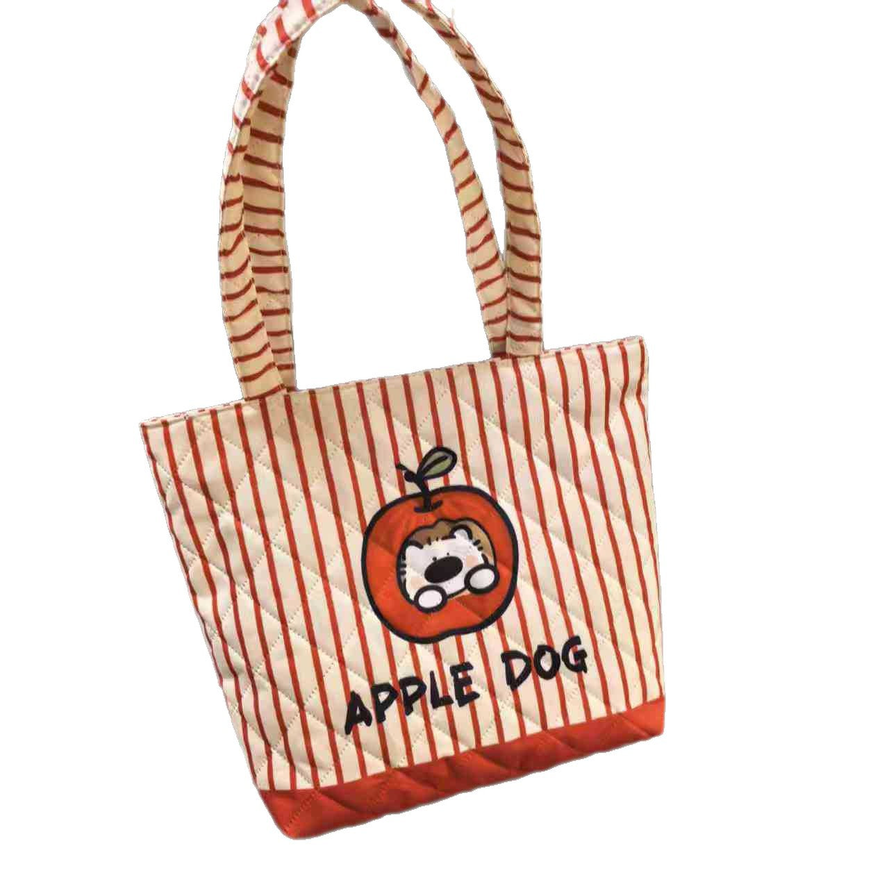 Cartoon Puppy Apple Pattern Quilted Large Capacity Tote Bag Daily Commuter Fashion Striped Design
