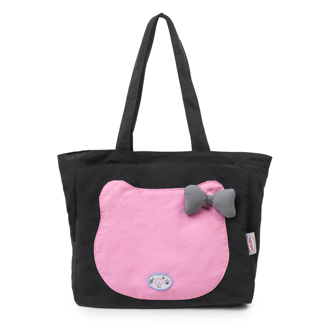 Cute Cat Face Tote Bag with Bowknot Design, Nylon Shoulder Bag for Daily Use and Shopping, Sweet Style