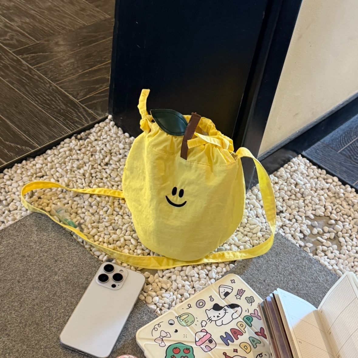 Cute Smiley Drawstring Messenger Bag Daily Commute Portable Cell Phone Bag Oxford Cloth Material