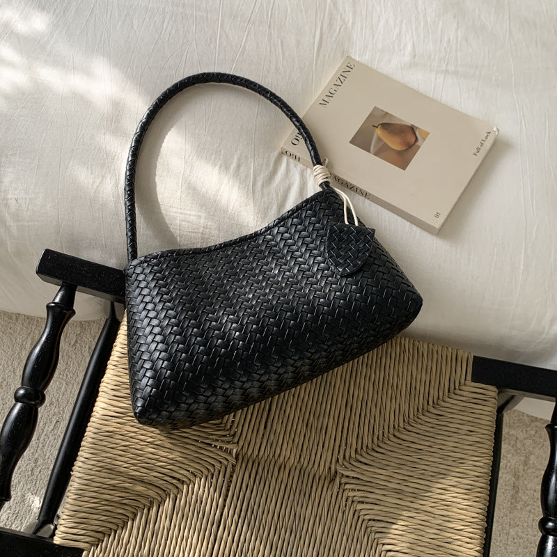 Elegant Woven Texture Handbag for Women, Soft PU Material, Urban Minimalist Style with Zipper Closure