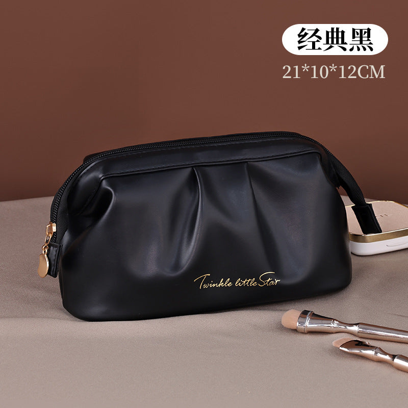 Elegant PU Waterproof Makeup Bag with Lettering Design, Large Capacity Travel Cosmetic Pouch for Women, Urban Minimalist Style