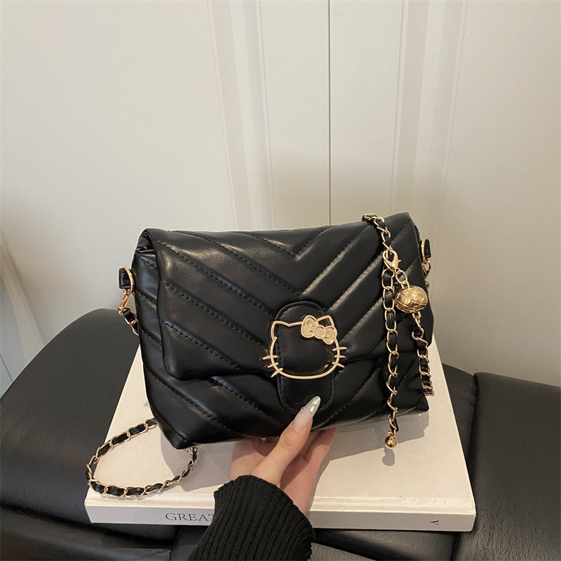 Chic Quilted Crossbody Bag with Hello Kitty Charm, Fashionable Chain Strap for Daily Style