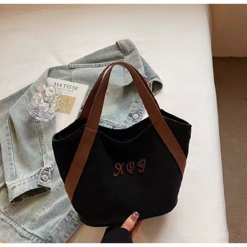 2025 New Simple Canvas Tote Bag with Embroidery Design for Daily Commute and Lunch Carry