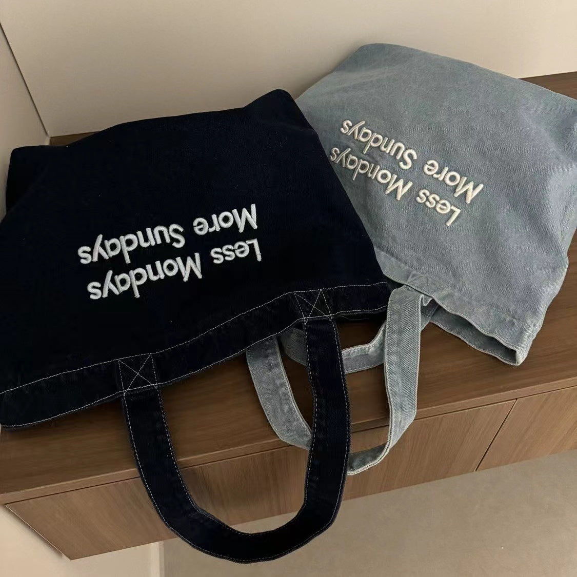 Retro American Denim Tote Bag with Embroidered Quote, Casual Daily Shoulder Bag for Students and Commuters