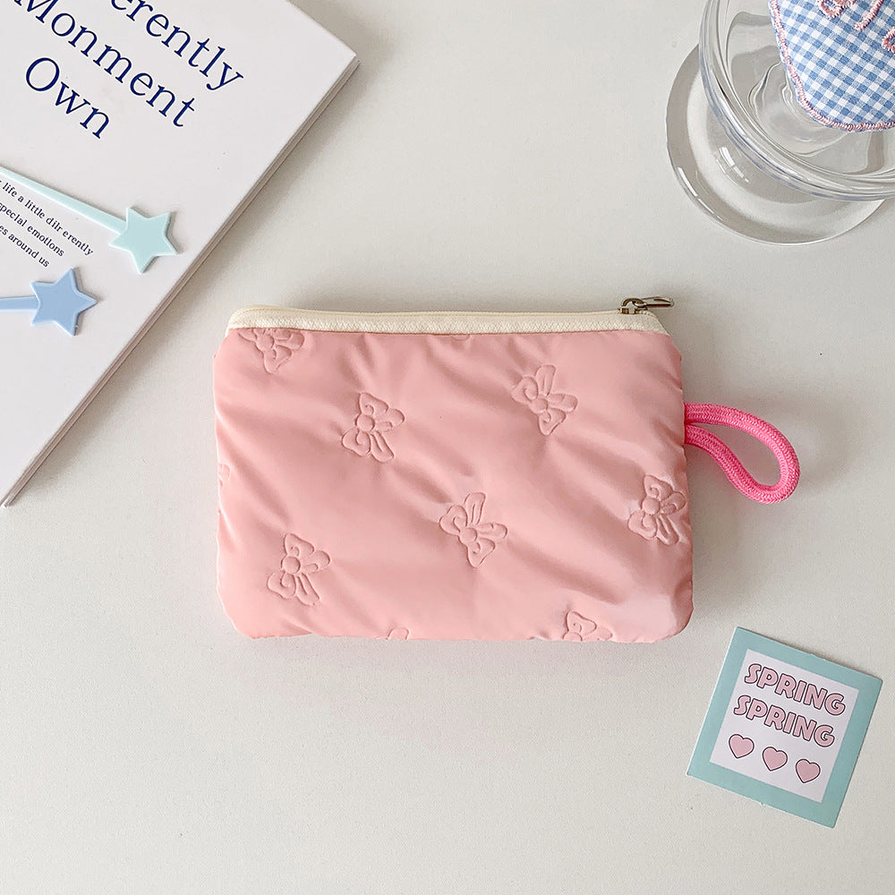 Cute Bowknot Embroidered Glossy Cosmetic Bag Zipper Design with Rope Handle Portable Storage Everyday Good Things