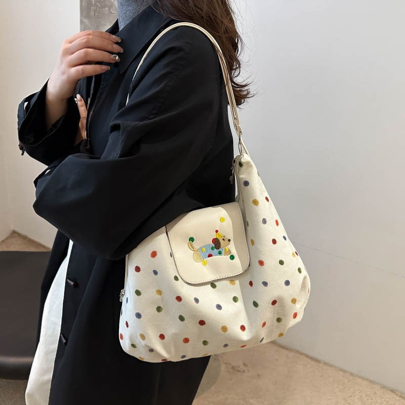 Women's Schoolbag Shoulder Bag Cute Polka Dot Embroidered Tote Bag Large Capacity Student Daily Casual Crossbody Shoulder Bag
