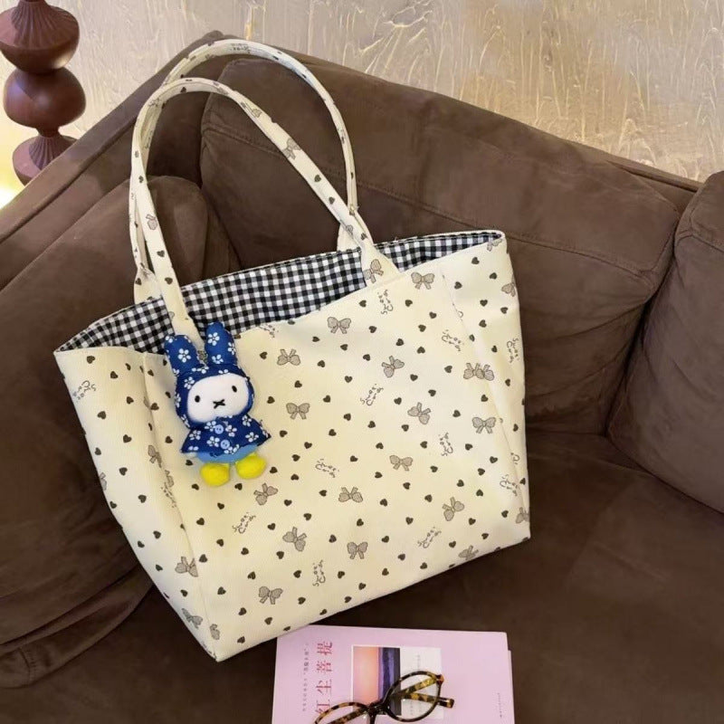 Women's Canvas Bag Large Capacity Love Heart Bow Tie New All-Match One-Shoulder Fashion Portable Commuter Tote