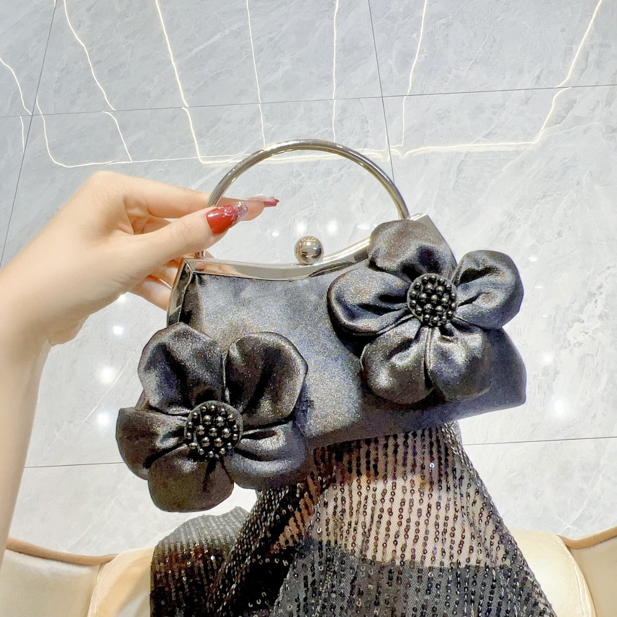 Elegant Floral Satin Clutch Bag with Pearl Center Design for Wedding, Evening Events, and Traditional Outfits