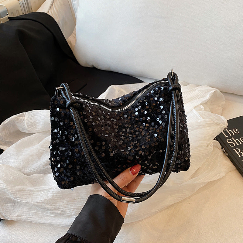 Fashionable Sequins Shoulder Bag Women's New Crescent-Shaped Design Daily Dinner Dual-Use Crossbody Bag