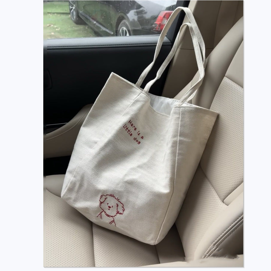New Bags Two-Side Back Embroidered Canvas Korean Tote Casual Shoulder Large Capacity Bag
