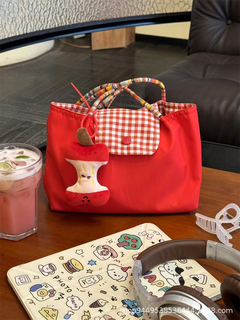 New Korean Style Large Capacity Red Shoulder Portable Checked Canvas Bag Versatile Student Commute Leisure Tote Bag for Women