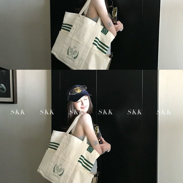 Fashion Canvas Tote Bag Sports Style Design Daily Wear and Match and Racket Storage Dual-Use