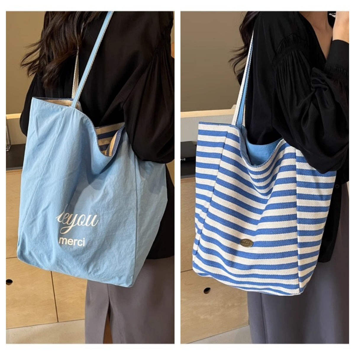 2026 Trendy Striped Canvas Tote Bag for Women, Large Capacity Casual Shoulder Bag with Street Style Design