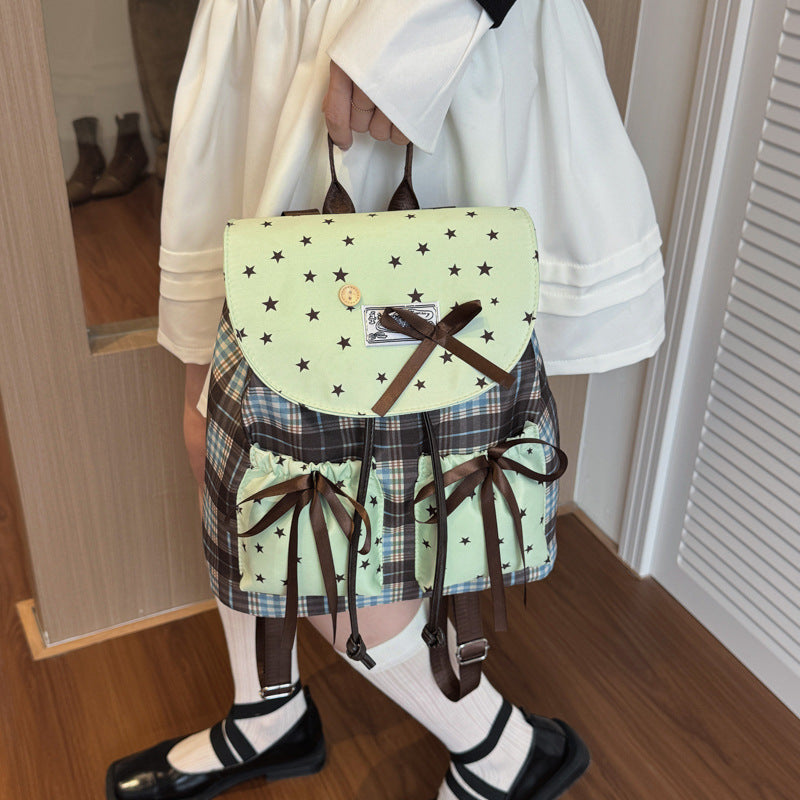 Cute Fashion Girly Style Fresh Women's New Sweet Plaid Stitching Design Sense Bow Backpack