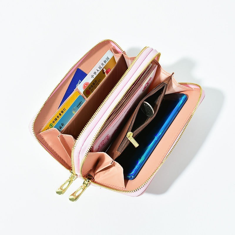 Cute Lovebird PU Wallet with Rhinestone Heart, Double Zipper, Wrist Strap & Card Slots for Women