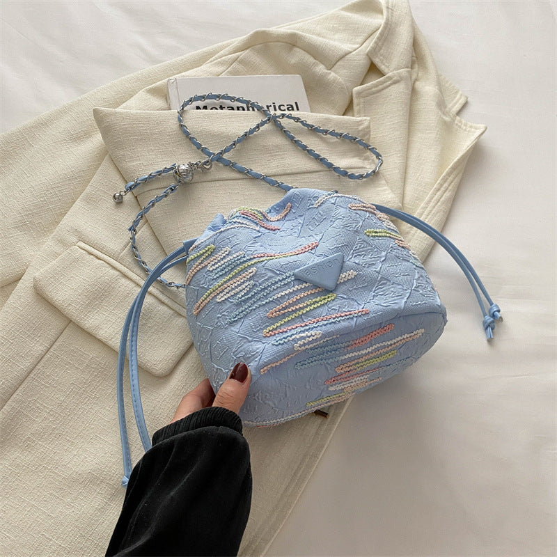 New Chinese Style Rainbow Striped Embroidered Bucket Bag New Summer Rhombus Chain Indentation Shoulder Crossbody Lucky Bag