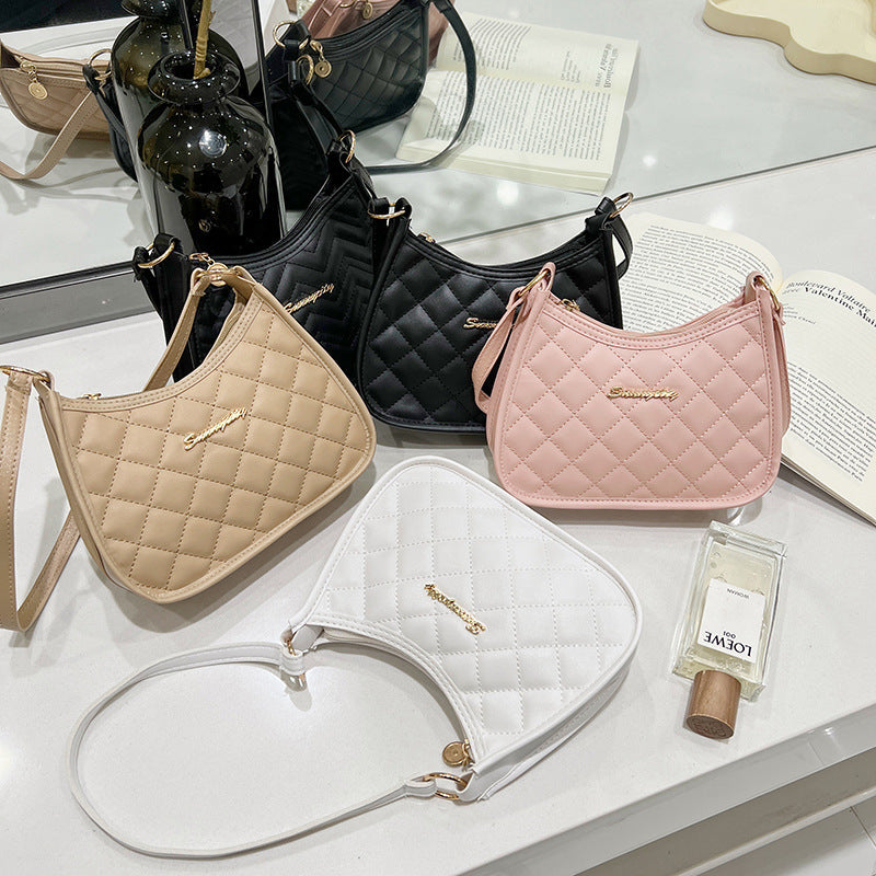 New Women's Crescent-Shaped Shoulder Bag Fashion Rhombus Pu Belt Mobile Phone Bag Everyday Joker Trend Underarm Bag